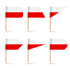 Polish toothpick flags. Souvenir from Poland. Wooden toothpicks with paper flag. Location mark, map pointer. Blank mockup for advertising and promotions. Vector illustration