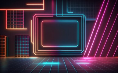 Retro neon colorful grid background banner or header, lines and geometry