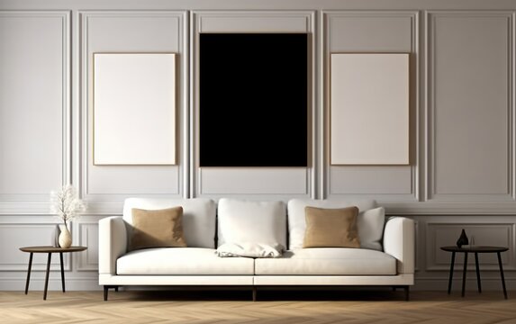 Modern living room with empty canvas or wall decor frame in center. Mockup