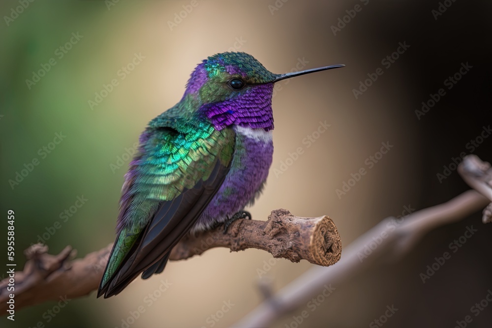 Poster close-up of a green and violet hummingbird sitting on a twig. generative ai