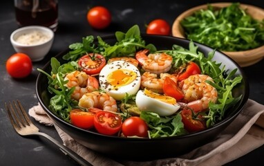 Breakfast, snack bowl  cherry tomatoes, arugula  salad with boiled egg and fried shrimp