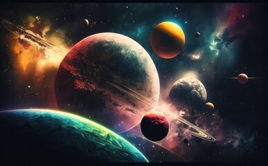 Colorful space background with planets and stars,  painting style