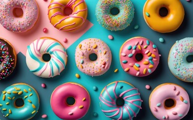 Colourful donuts or doughnuts background wallpaper top view - obrazy, fototapety, plakaty