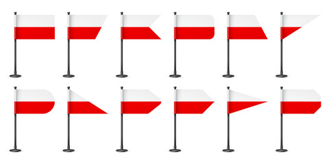 Polish table flags on a black steel pole. Souvenir from Poland. Desk flag made of paper or fabric, shiny metal stand. Mockup for promotion and advertising. Vector illustration