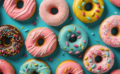 Colourful donuts or doughnuts background wallpaper top view - obrazy, fototapety, plakaty