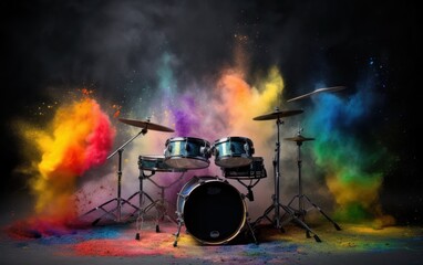 Guitars and drums with rainbow paint energetic explosion