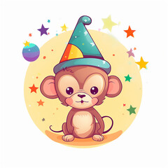 Fototapeta premium illustration of cute cartoon monkey wearing a hat, vector design. AI generated content