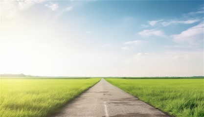 a road through the green field with clouds in blue sky on a summer day. AI generated content