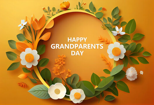 Happy Grandparents Day round frame shape Summer on a orange background. Generative Ai