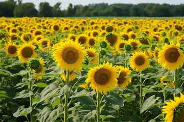 Obraz premium Picturesque landscape of vast agricultural field with blooming yellow sunflowers in summer countryside. AI generated content