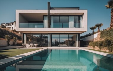 Fototapeta premium Luxury villa from outside with large pool. For inspiration or housing advertisement