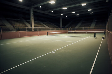 Fototapeta na wymiar Big empty green tennis court in the evening. AI generated content