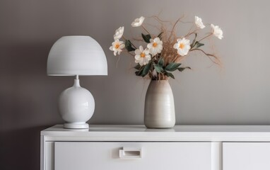 Minimalism style interior decor flower arrangement in a ceramic vase and a white metal table lamp