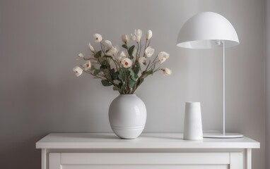 Minimalism style interior decor flower arrangement in a ceramic vase and a white metal table lamp