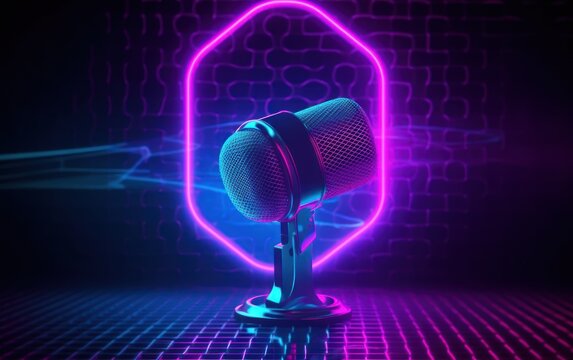 Abstract Blue Pink Neon Banner With Microphone. Wallpaper Design