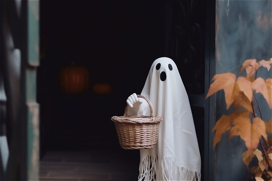 Halloween Concept - little white ghost with a basket doing trick or treat for Halloween, standing next to a door on dark background. AI generated content