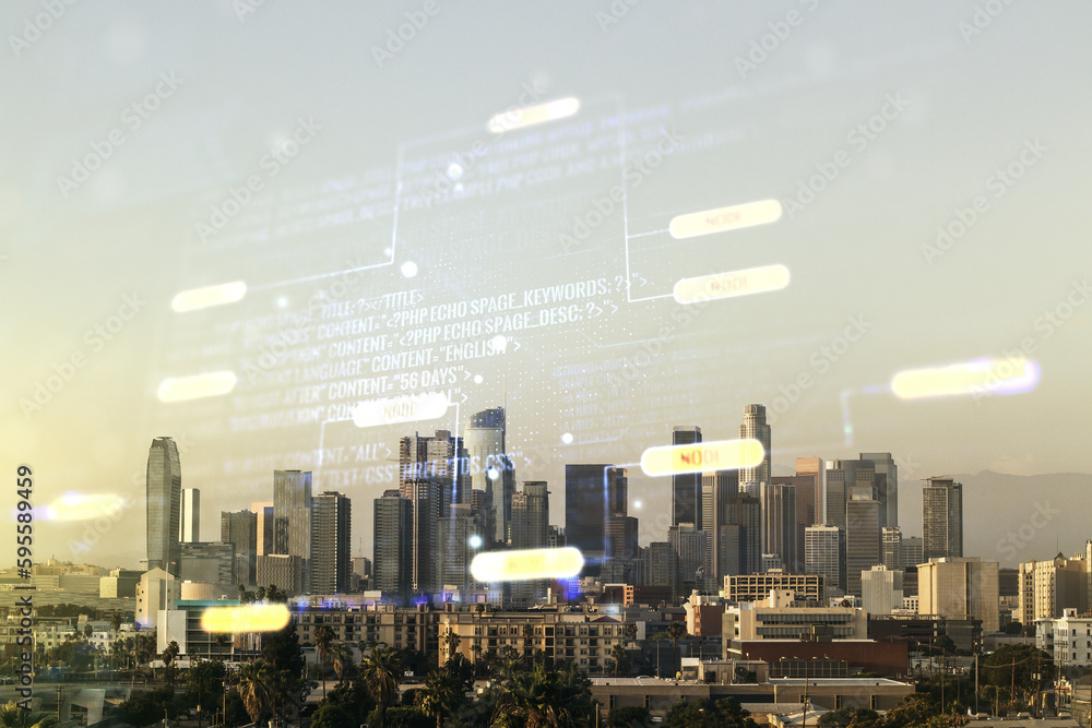 Poster multi exposure of abstract creative coding sketch on los angeles city skyline background, artificial