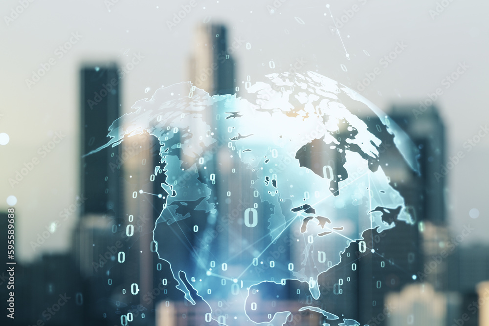 Aufkleber abstract virtual coding concept and world map hologram on blurry skyline background. multiexposure