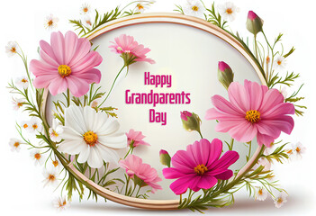 Happy Grandparents Day round frame shape Cosmos fresh pink flowers festive frame. Generative Ai