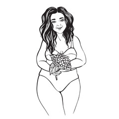 Beautiful plus size girl, hand-drawn graphics, body positive. Ideal for logos, posters, packaging design and paper products. Fashion cover, poster.