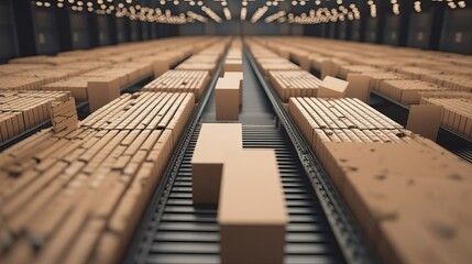 Cardboard boxes on conveyor rollers ready to be shipped by courier for distribution