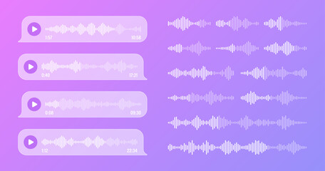 Voice, audio message, transparent speech bubbles. SMS text frame. Social media chat or messaging app conversation. Voice assistant, recorder. Sound wave pattern. Vector illustration