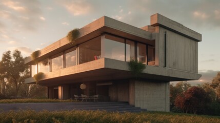 Fototapeta na wymiar Brutalist exterior house design in daytime golden hour generative ai