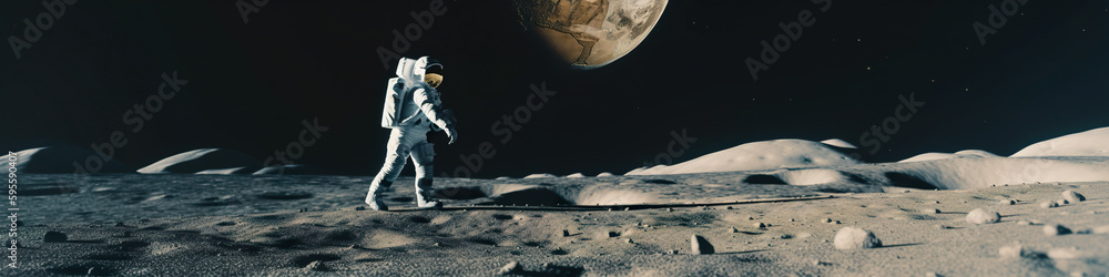 Poster a man standing on the surface of the moon. ai generative image