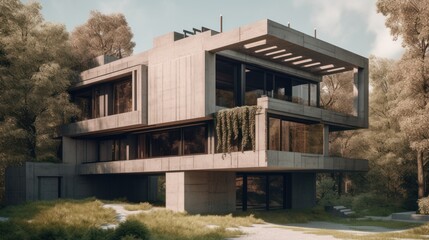Brutalist exterior house design in daytime golden hour generative ai