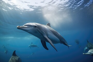swimming with dolphins in a protected marine environment, created with generative ai