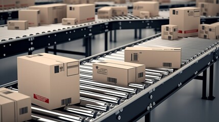 Cardboard boxes on conveyor rollers ready to be shipped by courier for distribution