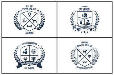 Obraz premium Cat dog school training boarding classes for pet crest emblem monochrome design set vector flat