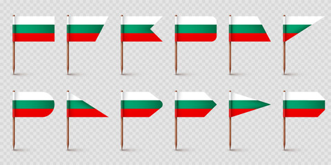 Bulgarian toothpick flags. Souvenir from Bulgaria. Wooden toothpicks with paper flag. Location mark, map pointer. Blank mockup for advertising and promotions. Vector illustration