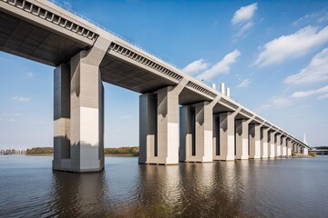 modern bridge, with towering columns and sleek design, spanning busy river, created with generative ai