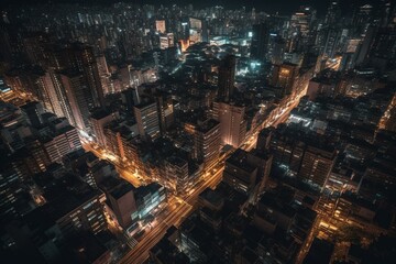 Fototapeta na wymiar Bird's-eye view of a cutting-edge metropolis teeming with nightlife and bustling urban activity. Generative AI