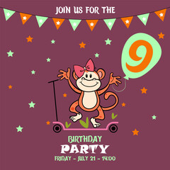 Fototapeta premium little monkey, children's birthday invitation template with monkey, cute baby girl kids party invitation, birthday invitation, 9 years, join us for the birthday party, baby shower 