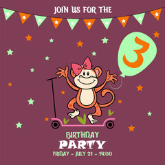 Fototapeta premium little monkey, children's birthday invitation template with monkey, cute baby girl kids party invitation, birthday invitation, 3 years, join us for the birthday party, baby shower 