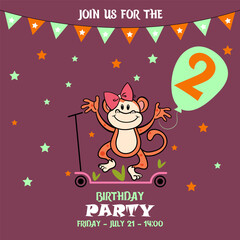 Fototapeta premium little monkey, children's birthday invitation template with monkey, cute baby girl kids party invitation, birthday invitation, 2 years, join us for the birthday party, baby shower 