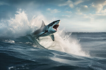 Fototapeta premium A great white shark breaches the water, jaws wide open and ready for action. A fierce predator in its natural habitat. AI Generative.