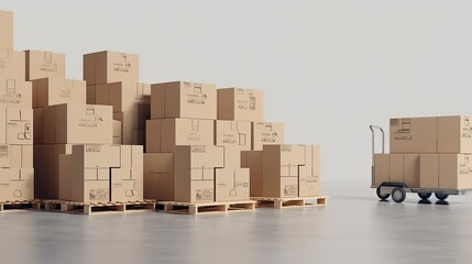 Warehouse with cardboard boxes inside on pallets racks, logistic center. Huge, large modern warehouse. Warehouse filled with cardboard boxes on shelves, boxes stand on pallets, 3D Illustration