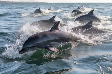 Naklejka premium bunch of baby dolphins jumping and playing in crystal-clear waters, created with generative ai