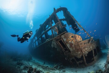 scuba diver exploring shipwreck, with schools of fish swimming all around, created with generative ai