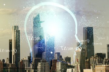 Abstract virtual artificial Intelligence concept with human head sketch on New York cityscape background. Double exposure