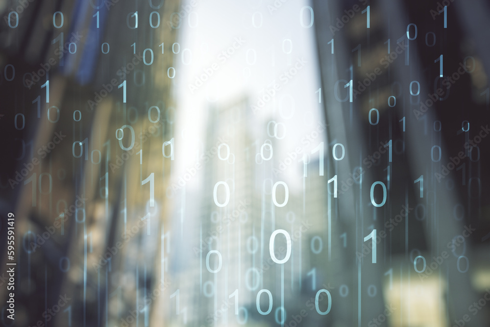 Aufkleber Double exposure of abstract virtual binary code hologram on modern skyscrapers background. Database and programming concept