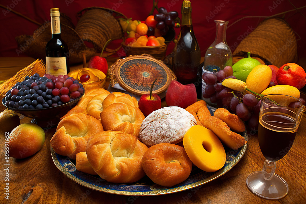 Aufkleber a table topped with a plate of fruit and bread. ai generative image