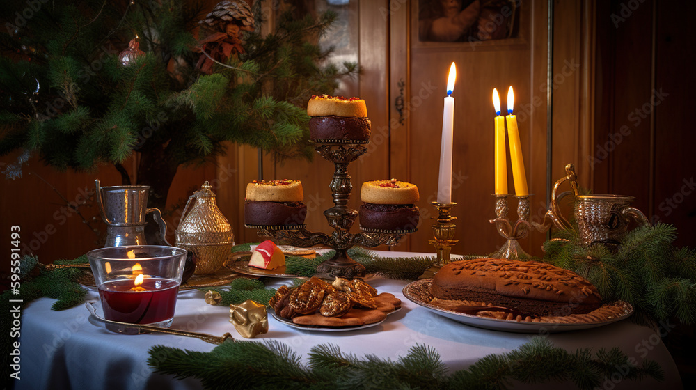 Poster a table topped with lots of food and candles. ai generative image