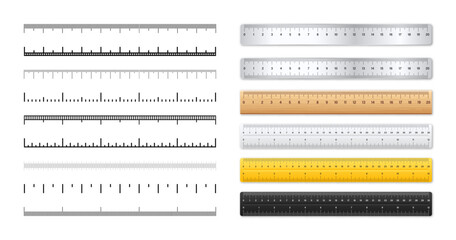 Realistic metal and plastic rulers. Measurement scales with divisions. Scale for measuring length or height in centimeters, inches. Ruler, tape measure marks, size indicators. Vector illustration