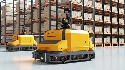 Fototapeta na wymiar Automated Modern Retail Warehouse AGV Robots Transporting Cardboard Boxes in Distribution Logistics Center. Generative AI
