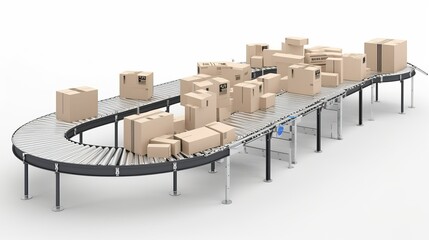 Cardboard boxes on conveyor rollers ready to be shipped by courier for distribution