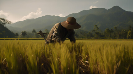 Asian male farmer working in beautiful rice field in sunny morning. generative AI